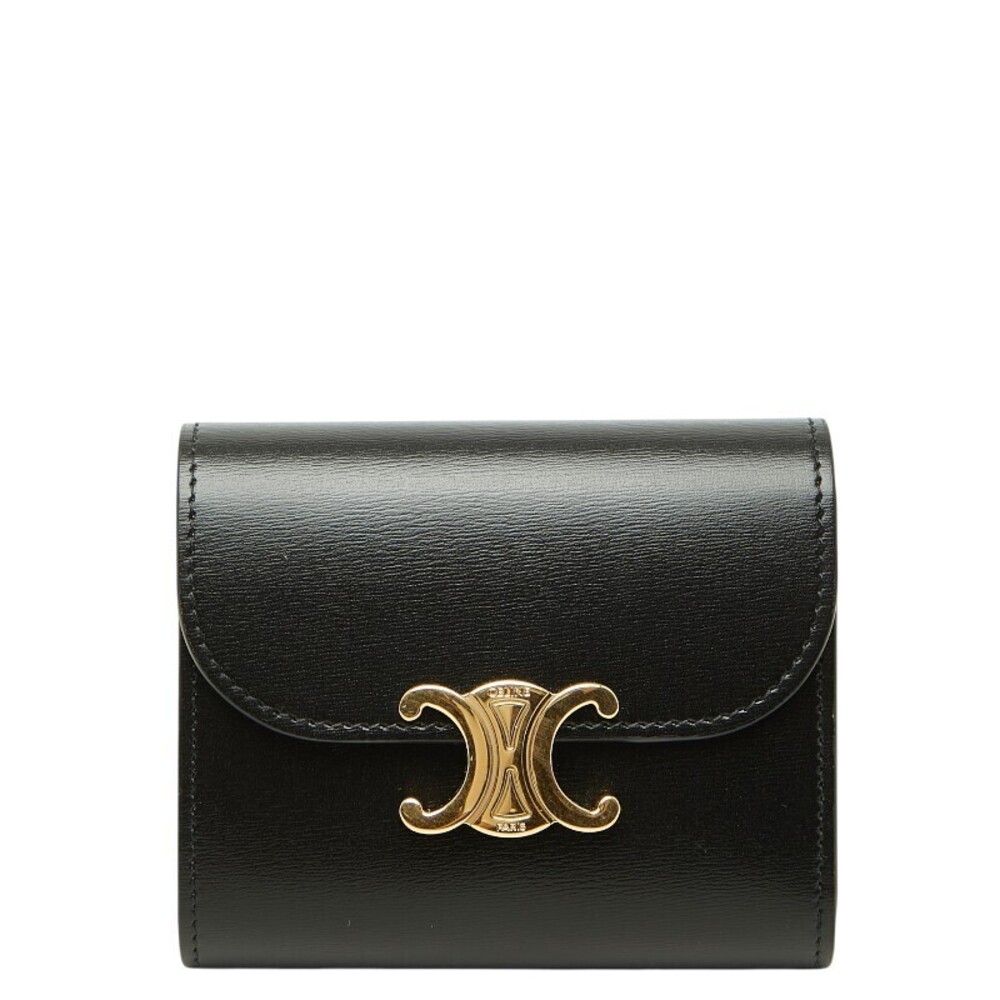 Celine Triomphe Tri fold Wallet Flap Black Leather